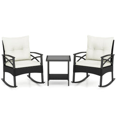 3 Pieces Outdoor Rattan Rocking Chairs Set with 2-Tier Side Table for Garden Backyard