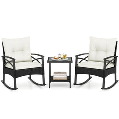 3 Pieces Outdoor Rattan Rocking Chairs Set with 2-Tier Side Table for Garden Backyard