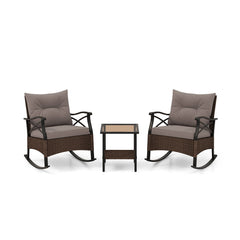 3 Pieces Outdoor Rattan Rocking Chairs Set with 2-Tier Side Table for Garden Backyard-Brown