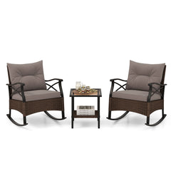 3 Pieces Outdoor Rattan Rocking Chairs Set with 2-Tier Side Table for Garden Backyard-Brown
