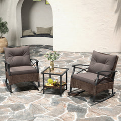 3 Pieces Outdoor Rattan Rocking Chairs Set with 2-Tier Side Table for Garden Backyard-Brown