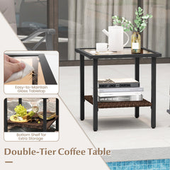 3 Pieces Outdoor Rattan Rocking Chairs Set with 2-Tier Side Table for Garden Backyard-Brown