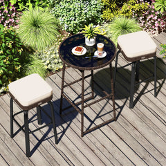 3 Pieces Outdoor Swivel Bar Set PE Rattan Bar Height Table with 2 Chairs-White