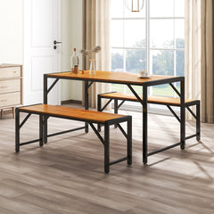 3 Pieces Patio Dining Set with Acacia Wood Dining Table and 2 Benches
