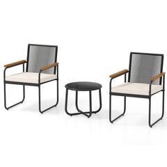 3 Pieces Patio Furniture Set PE Rattan Porch Chairs with Round Tempered Glass Top Table-White