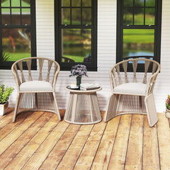 3 Pieces Patio Leisure Chair Set with Rope-Woven Armchairs and Seat Cushions-Off White