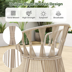 3 Pieces Patio Leisure Chair Set with Rope-Woven Armchairs and Seat Cushions-Off White