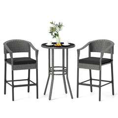 3-Piece Patio Rattan Bar Set with Tempered Glass Top for Backyard Poolside-Gray
