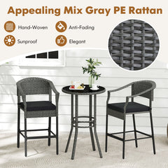 3-Piece Patio Rattan Bar Set with Tempered Glass Top for Backyard Poolside-Gray