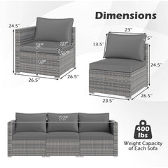 3 Pieces Patio Sectional Sofa Set PE Rattan Modular Couch Furniture Set with Soft Cushions