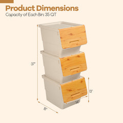 3 Pieces Storage Bins on Wheels Stackable Plastic Boxes with Stay-Open Lid (M)
