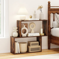 3-Tier Geometric Bookshelf Freestanding Wooden Bookcase with 2 Cubic Compartments-Brown