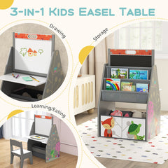 3 in 1 Kids Easel and Play Station Convertible with Chair and Storage Bins