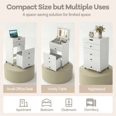 3-in-1 Small Vanity Desk Set with Flip-top Mirror and Lights with Drawers and Stool-White