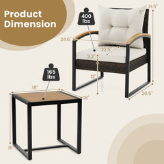 3 Piece Patio Conversation Set with Solid Acacia Wood Armrests and Tabletop-White