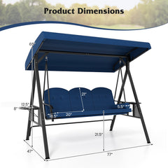 3-Seat Patio Swing Chair Porch Swing with Adjustable Canopy Thickened Cushions Pillow and Foldable Side Trays