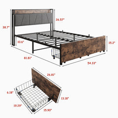 Upholstered Platform Bed with Storage and Charging Station in Vintage Brown and Gray