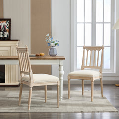 Antique Dining Chairs - Linen Fabric Upholstered Wooden Chairs Set of 2
