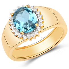 2.22 Carat Genuine Swiss Blue Topaz and White Zircon .925 Sterling Silver Ring