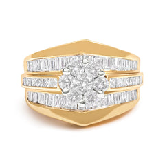 14K Yellow Gold 2-1/3 Cttw Diamond Cluster Channel Set Chevron Shaped Band Engagement Ring & Wedding Band Set