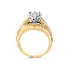 14K Yellow Gold 2-1/3 Cttw Diamond Cluster Channel Set Chevron Shaped Band Engagement Ring & Wedding Band Set