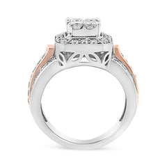 14K White and Rose Gold 1 1/8 Cttw Princess and Round-Cut Diamond Art Deco Style Triple Shank Halo Cocktail Ring (I-J Color, SI2-I1 Clarity) - Size 7