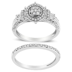 .925 Sterling Silver 1/3 Cttw Diamond 7 Stone Cluster and Halo Engagement Ring and Wedding Band Set (I-J Color, I1-I2 Clarity) - Size 7
