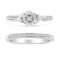 .925 Sterling Silver 1/4 Cttw Diamond Halo and Swirl Engagement Ring and Wedding Band Set (I-J Color, I3 Clarity)- Ring Size 7
