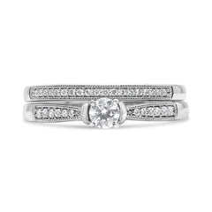 .925 Sterling Silver 1/3 Cttw Diamond Classic Engagement Ring Bridal Set with Milgrain (I-J Color, I3 Clarity) - Ring Size 7