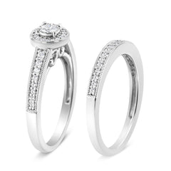 .925 Sterling Silver 1/2 Ctw Diamond Halo and Milgrain Engagement Ring Bridal Set (I-J Color, I3 Clarity) - Ring Size 7