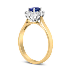 14K Yellow Gold 1/5 Cttw Round Diamond and 6x4mm Oval Blue Tanzanite Halo Ring (H-I Color, I1-I2 Clarity) - Size 7.75