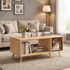40 Inch Coffee Table Cat House 2-in-1 Wooden Kitten Furniture with Open Storage Shelf-Natural
