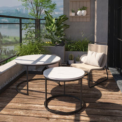 Nesting Coffee Table Set of 2, 27.6inch Round Wood Marble Pattern Top with Sturdy Metal Frame