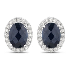 2.16 Carat Genuine Blue Sapphire and White Diamond 14K White Gold Earrings