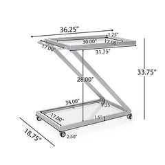 Modern Z-Shaped Bar Cart with Tempered Glass Shelves