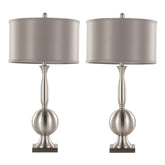 Joan 30" Contemporary Metal Table Lamp Set in Brushed Nickel with Grey Satin Shade - Set of 2
