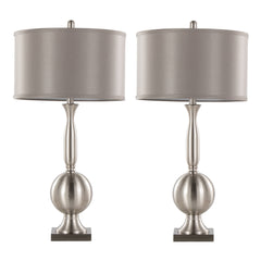 Joan 30" Contemporary Metal Table Lamp Set in Brushed Nickel with Grey Satin Shade - Set of 2