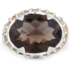 9.58 Carat Genuine Smoky Quartz and Citrine .925 Sterling Silver Ring