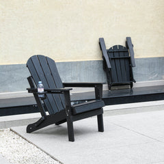 HDPE Folding Adirondack Chair with Dual Cup Holder - Black