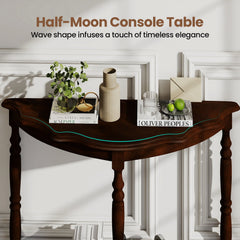 42 Inch Half Moon Console Table with Shelf and Rubber Wood Legs-Espresso