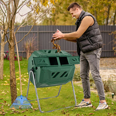 43 Gallon Rotating Compost Bin Barrel with Dual Chamber and Sliding Doors-Green