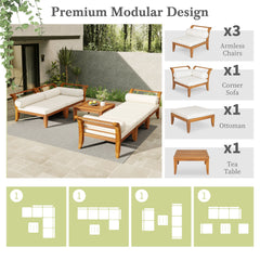 6 Piece Acacia Wood Outdoor Modular Sectional with Daybed and Tea Table
