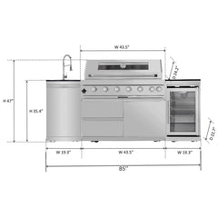 Castelle Flame 44-Inch 6-Burner 85K BTU Stainless Steel Outdoor BBQ Kitchen Island Grill With Wine Cooler, Rotisserie Kit, And Storage Cabinets (SAK97105)