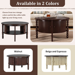 Vintage Round Coffee Table with Storage in Walnut