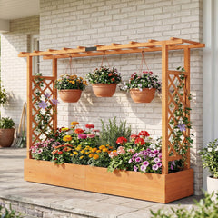 45 Inch Tall Wooden Raised Garden Bed with Side Trellis and Hanging Roof Drainage Holes