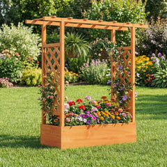 45 inch Tall Wooden Raised Garden Bed with Side Trellis and Hanging Roof