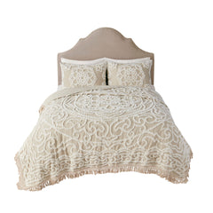 Tufted Cotton Chenille Medallion Fringe Coverlet Mini Set Taupe Full/Queen