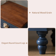 Rustic Dark Blue 3-Drawer Wooden Cabinet with Aged Finish & Floral Handles