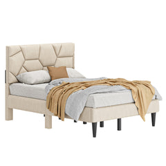 Beige Linen Full Bed Frame – Sturdy Platform Bed With Storage