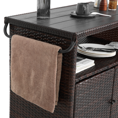 Outdoor Wicker Bar Cart with Glass Top and Wheels - Light Brown